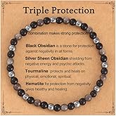 AULSIEY Triple Empath Protection Bracelet for Women Men, Hematite Black Tourmaline Obsidian Bracelet, Natural Healing Bracelet