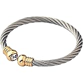 CHRAN Silver Stainless Steel Twisted Cable Cuff Bangle Bracelet Simple Round Pearl Women Jewelry 7.4