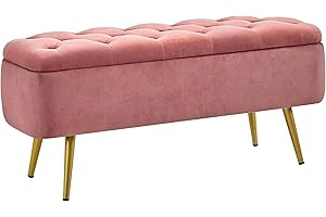Yaheetech Ottoman with Storage, Velvet Entryway Bench with Safety Hinge, Upholstered Bench with Seating for Bedroom, Living Room, Holds up to 519 lb, Pink