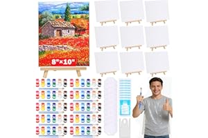 EVATAGE 10Pack 8x10 Inch Canvas and Easel Set, Art Canvas Boards Bulk with Easel Stand, Mini Acrylic Paint & Brushes Set, Paint Trays, Sip and Paint Kit for Adults Couples Day Night Paint Party