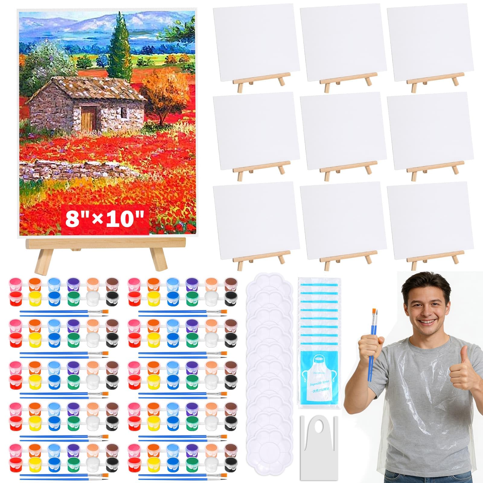 Photo 1 of 10Pack 8x10 Inch Canvas and Easel Set, Art Canvas Boards Bulk with Easel Stand, Mini Acrylic Paint & Brushes Set, Paint Trays, Sip and Paint Kit for Adults Couples Day Night Paint Party