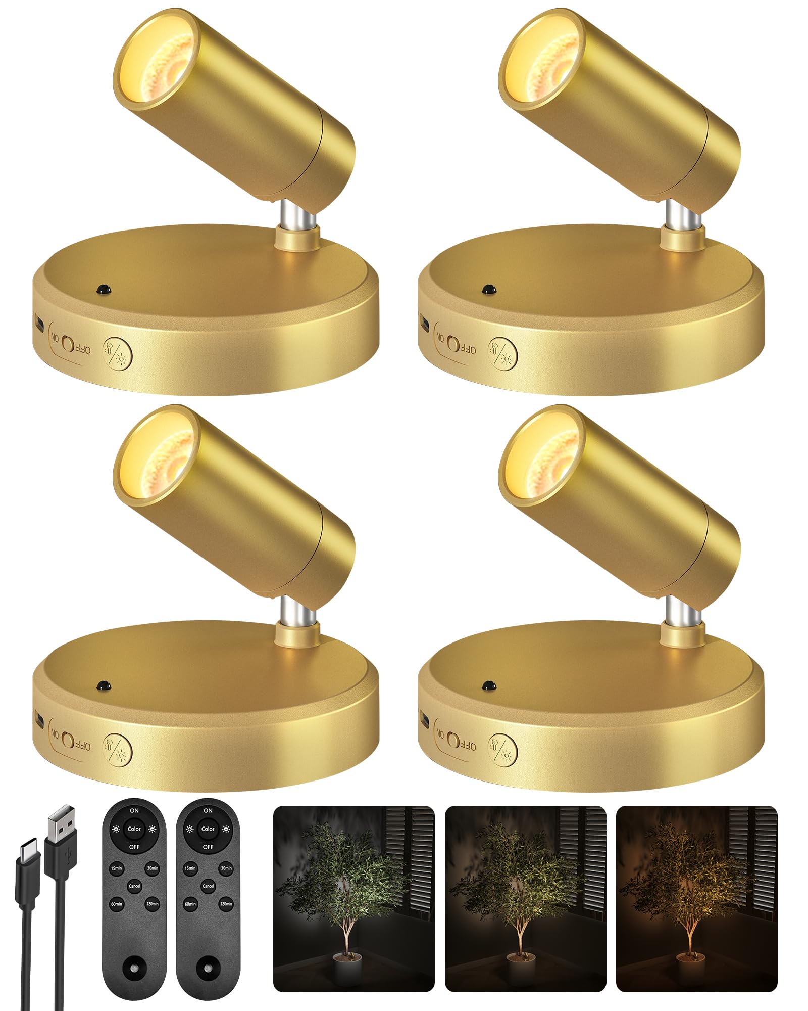 Photo 1 of EZVALO LED Spotlight Indoor, 5500mAh Rechargeable Battery Uplighting Indoor, Wireless Mini Art Accent Spot Lights with Remote, for Plants Display Painting Dartboard Artwork Portrait Closet(4Pack-Gold)