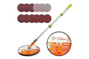 POLIWELL 9 Inch Drywall Pole Sander with 3-Foot Extension Pole - 360° Rotary Sanding Head for Walls & Ceilings, Includes 12 pcs Sanding Discs (100/180/240 Grits)