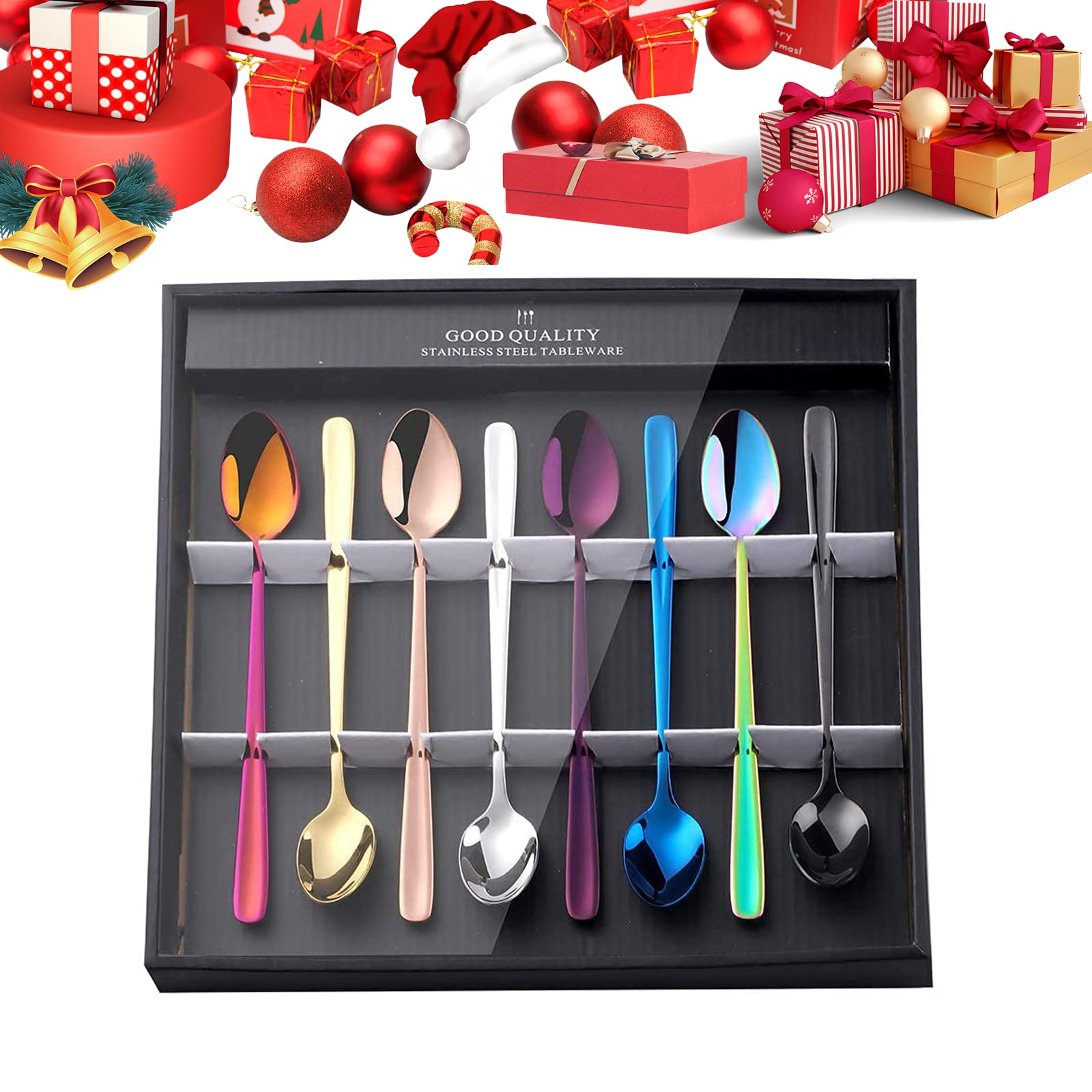 Set of 8 Colorful Long Handle Iced Tea Spoons,Buyer Star 7.87 inch Stainless Steel Iced Teaspoon，Ice Cream Spoon, for Mixing, Cocktail Stirring, Tea, Coffee, Milkshake, Cold Drink