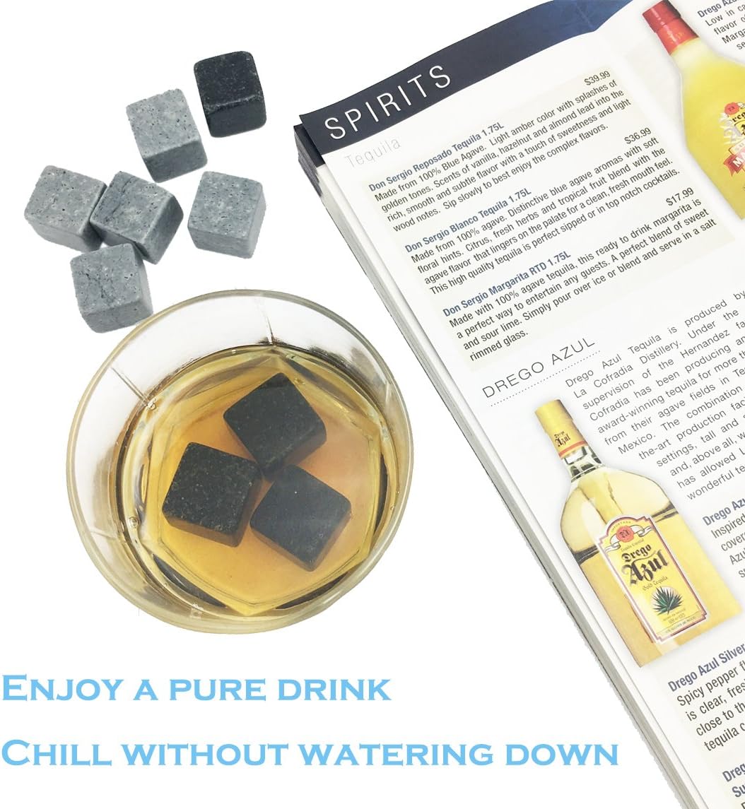 iiiMY Whisky Stones Gift Set of 9 Natural Soapstone and Granite Chilling Rocks with Stylish Wooden Box and Free Velvet Pouch - Image 3