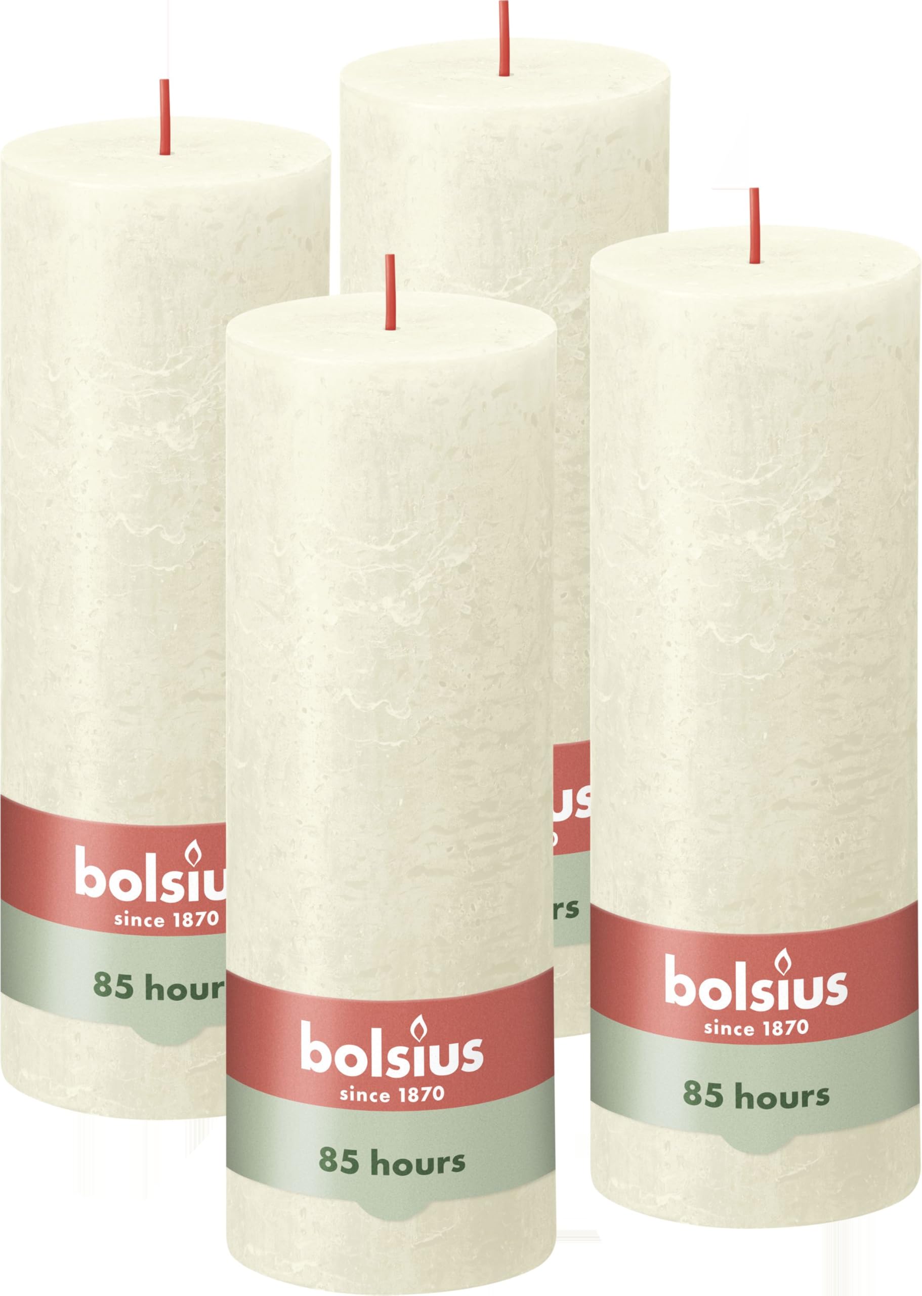 Bolsius Rustic Pillar Candle - Cream - Pack of 4 - Long Burning Time of 85 Hours - Household Candle - Interior Decoration - Unscented - Natural Vegan Wax - No Palm Oil - 19 x 7 cm