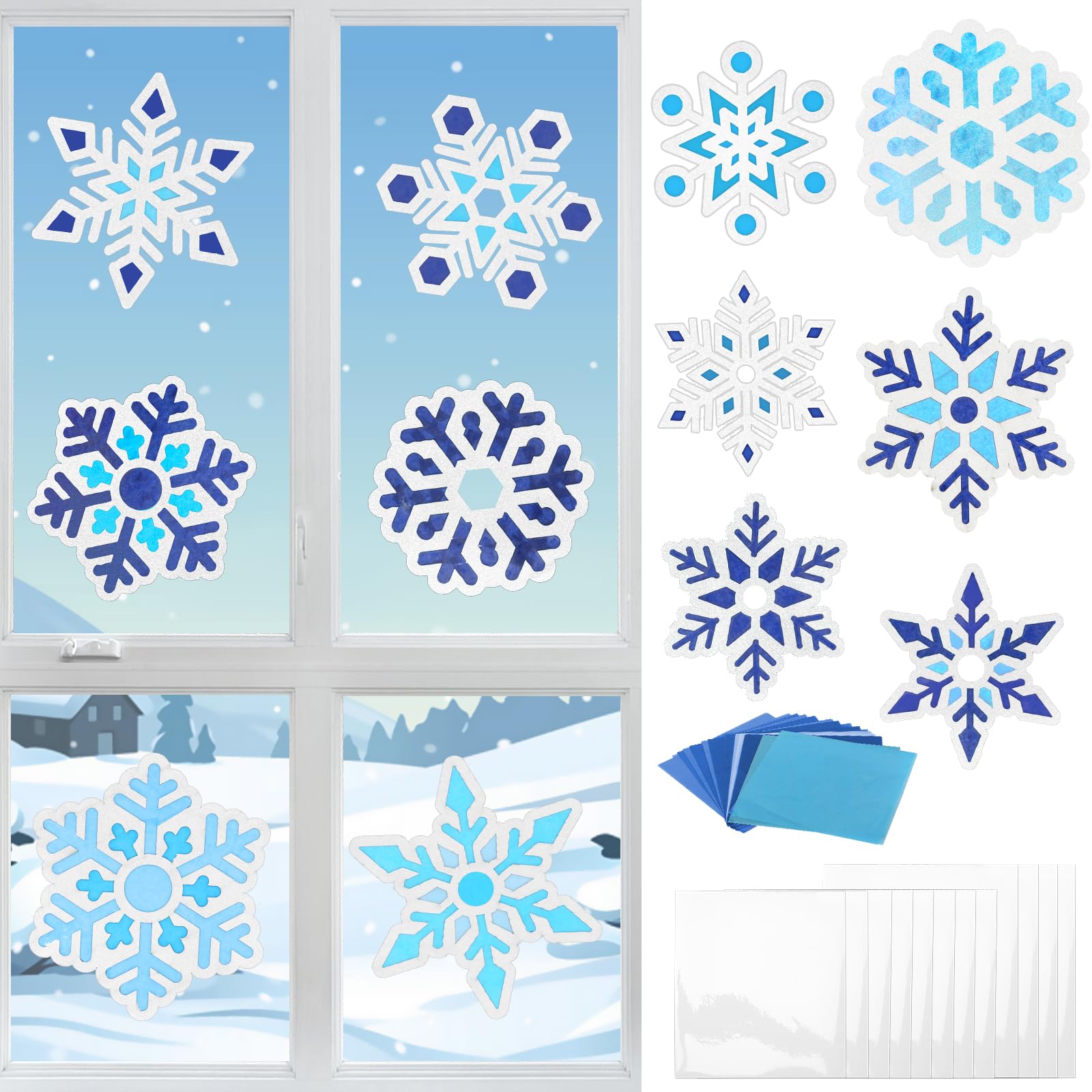MONCAP 12Pcs Snowflake Stained Glass Decoration Christmas Art and Craft Kits for Kids, Winter Themed Snowflake Papercraft Window Classroom Xmas Party Decor — image 1