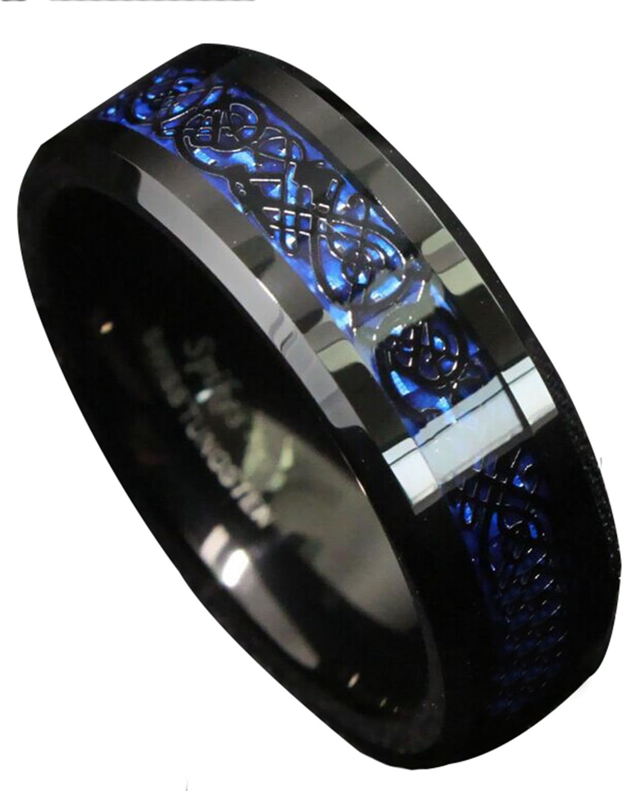 ANDESWF 8mm Black Tungsten Carbide Black Celtic Dragon Blue Carbon Fibre Wedding Ring Band Mens 6~13
