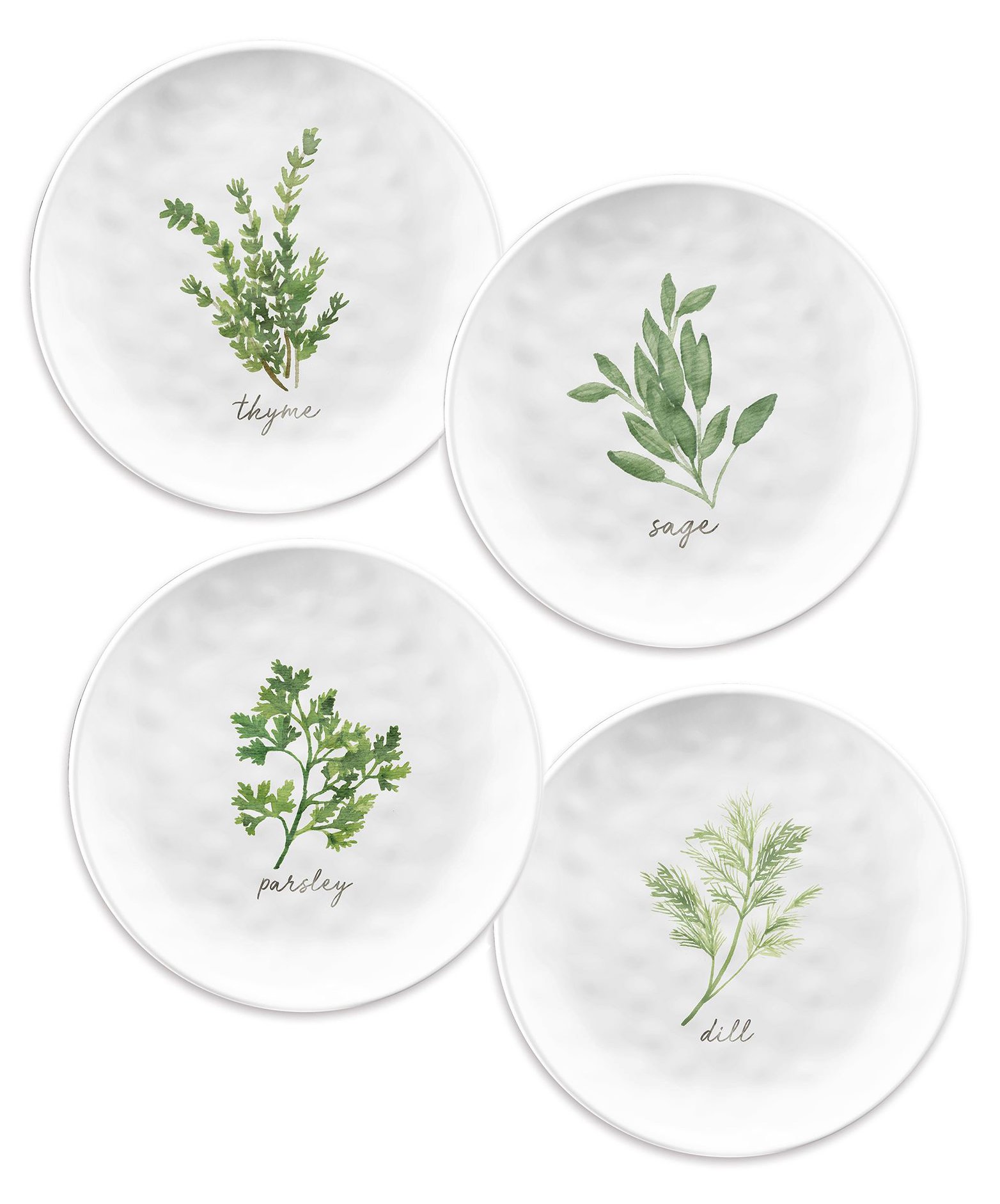 BUZZ SET OF 4 - Melamine WHITE GARDEN HERBS Side Plate - 21.5cm - SAGE, PARSLEY, DILL & THYME