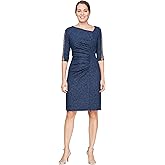 S.L. Fashions Women's L-Neckline Midi Sheath Cocktail Dress with Beaded Illusion Sleeve (Petite and Regular Sizes)