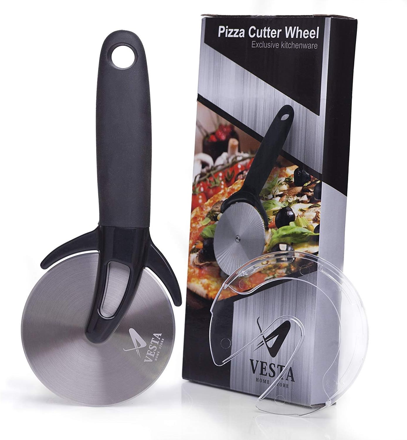 Premium Professional Pizza Cutter Wheel By VestaHomeStore - With Sharp Angled Stainless Steel Blade, Ergonomic Anti-Slip Handle & Durable Blade Cover - Ideal For Pizza, Pies, Waffles and Dough Cookies: Kitchen & Dining