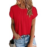 PRETTYGARDEN Women's Tops 2026 Casual Summer Round Neck Short Sleeve Basic Pleated Loose Fit Blouses Plain Tunic Shirts