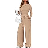 PRETTYGARDEN Matching Sets Women Clothing 2026 Fall Fashion Travel 2 Piece Lounge Sets Long Sleeve Crop Top Wide Leg Pants
