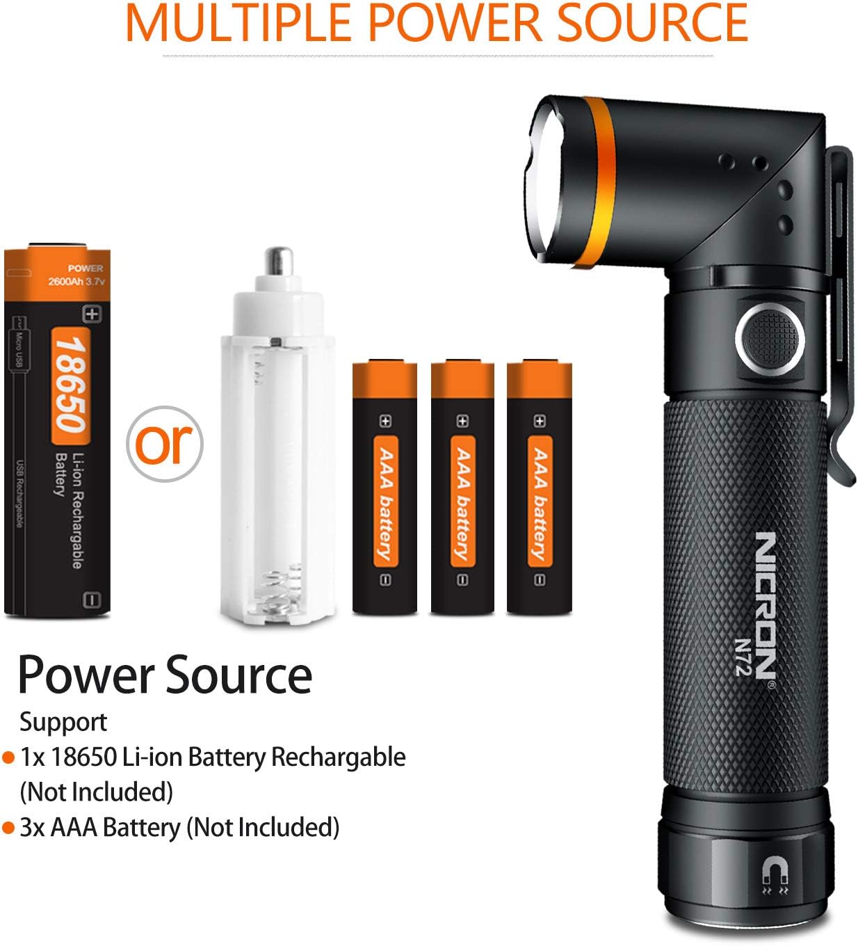 Flashlight, NICRON N72 800 Lumens Tactical Flashlight, 90 Degree Flashlight IPX4 Waterproof Led Flashlight 4 Modes- Best High Lumens Are For Camping, Outdoor, Maintain (18650/AAA Not included) - - 