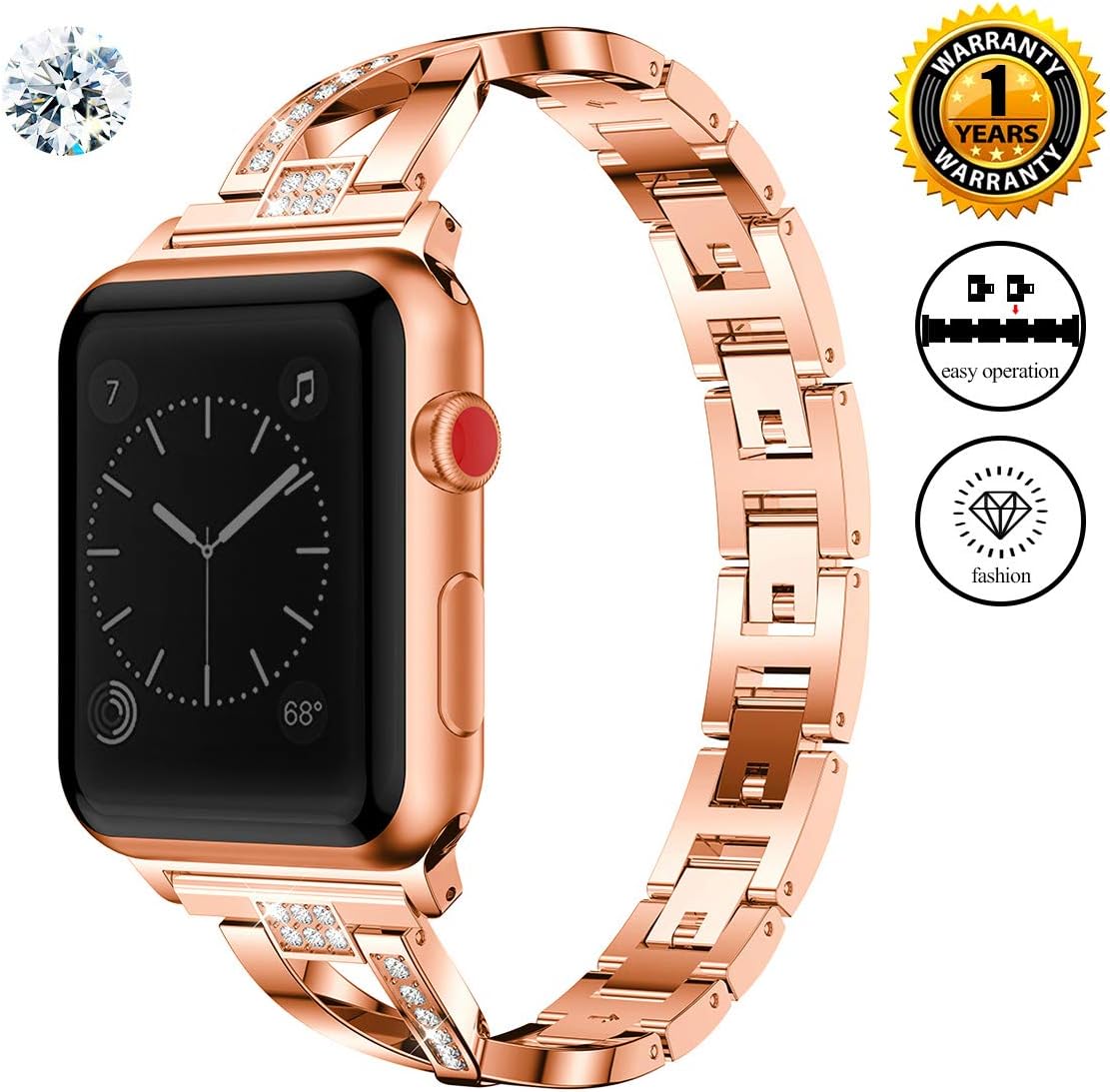 Jomoq Bling Replacement Bands Compatible for Apple Watch Band 38mm 40mm 42mm 44mm Women Iwatch Series 4 3 2 1 Accessories Stainless Steel Wristband, Diamond Rhinestone Sport Strap (Small, Rose Gold)