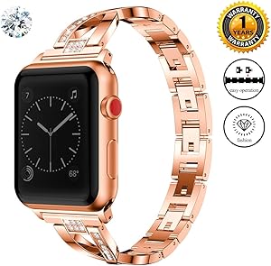 Jomoq Bling Replacement Bands Compatible for Apple Watch Band 38mm 40mm 42mm 44mm Women Iwatch Series 4 3 2 1 Accessories Stainless Steel Wristband, Diamond Rhinestone Sport Strap (Small, Rose Gold)