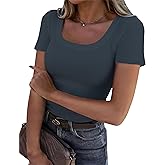 C.O.Z.Y Womens Short Sleeve Scoop Neck Tops Ribbed Knit Basic Tee Casual Summer Fitted Shirts 2025 Trendy Outfits