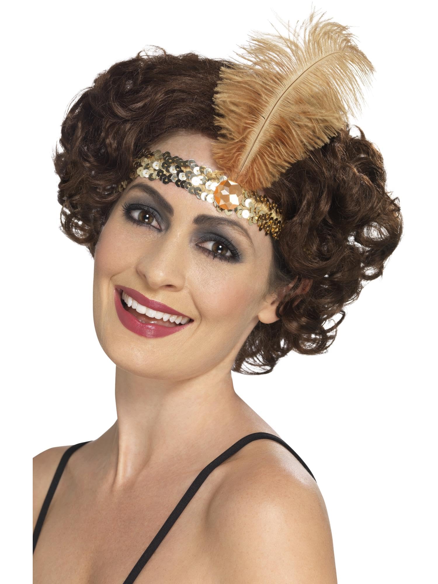 Smiffys Flapper Headband, Gold with Feather, 1920's Razzle Fancy Dress, Adult Dress Up Accessories