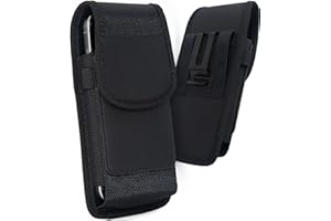 URDIKKG Phone Holster Pouch Compatible with iPhone 16/15/14/13/12/11 and Pro Models, Galaxy S25 S24 S23 S22, Cell Phone Belt Holder with Card Holder and Magnetic Closure, M-Black