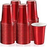 16 oz - 100 Count Metallic Plastic Cups, Disposable Plastic Party Cups for Easy Cleanup and Large Gatherings, Assorted Colors Cups for Easter, Birthday, Party, Christmas and Everyday (Red)