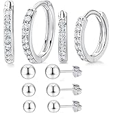MDFUN Hoops Huggie Stud Earrings Set 14K White Gold Plated Cubic Zirconia Earring for Women Pack of 2/5 Pairs