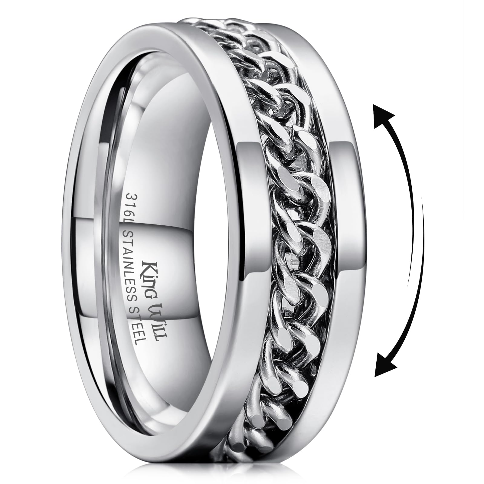 King Will 8mm Silver Spinner Ring Stainless Steel Fidget Ring Anxiety Ring for Men 12