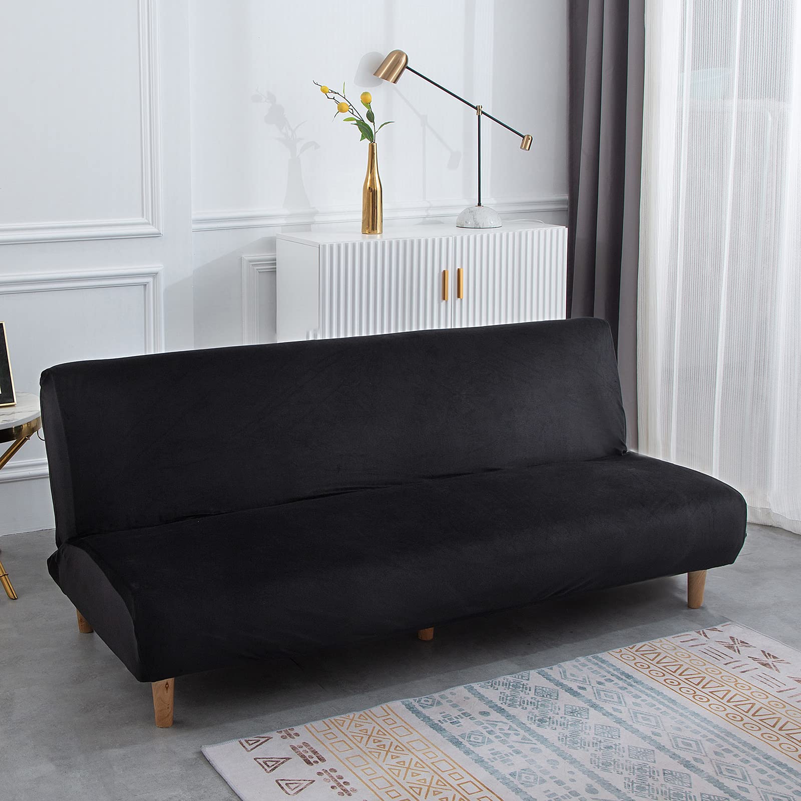 Qelus Armless Sofa Bed Cover,Velvet Stretch Sofa Covers,Futon Folding Couch Slipcover Protector wihtout Armrests(Black,Size S)