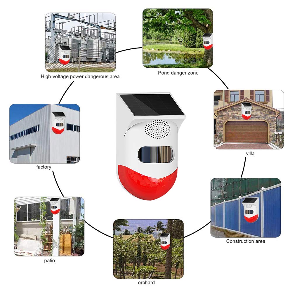 ChunHee Solar Motion Sensor Outdoor Alarm,Adjustable Sensitivity Motion Activated Alarm,129db Sound Security Siren Light IP67 Waterproof and 4 Mode for Home,Farm,Barn,Villa,Yard(2 Pack)