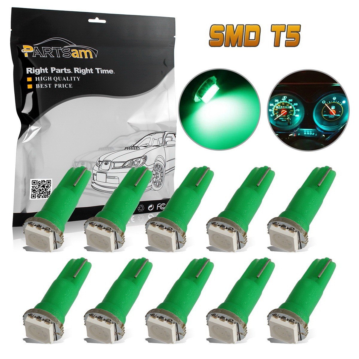 Partsam 10x T5 74 1-5050-SMD Car Dashboard Gauge Side LED Light Bulbs Lamp 12V Green For Plymouth Fury