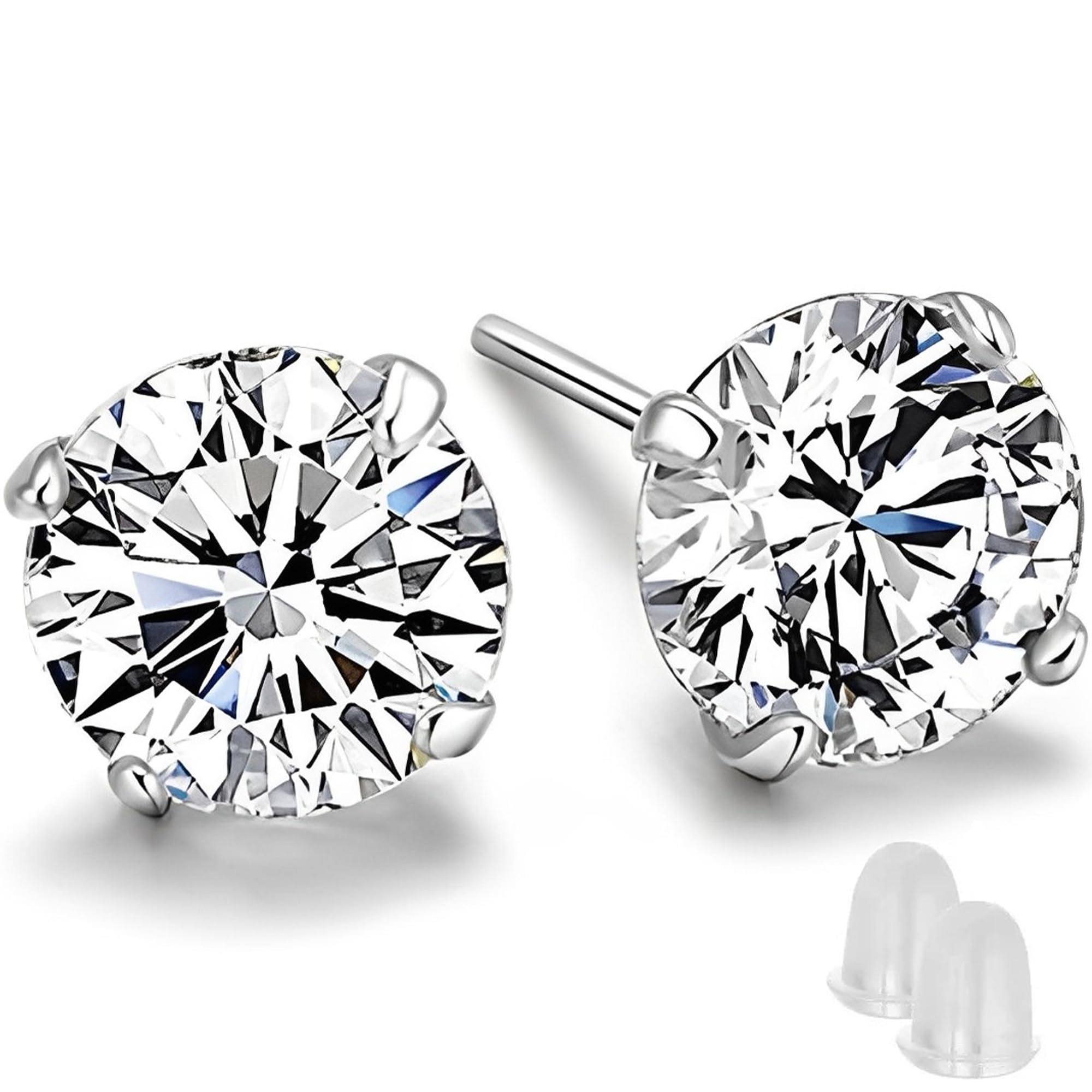 SQAQS Silver Stud Earrings, 1 Pairs 925 Sterling Silver Stud Earrings for Women 6mm Hypoallergenic Men Earrings Cubic Zirconia Sleep Cartilage Studs Gifts for Mens Women, White