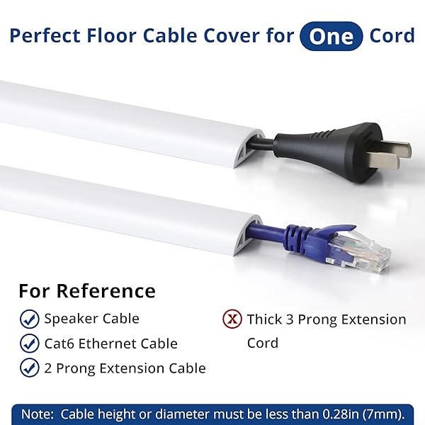 CORD COVER FLOOR 6FT WHITE, PVC FLOOR CABLE COVER, CORD HIDER FLOOR CORD PROTECTOR PREVENT CABLE TRIPS & PROTECT WIRES, FLOOR CABLE MANAGEMENT HIDE CORDS ON FLOOR, CORD CAVITY -W0.47 X H0.28