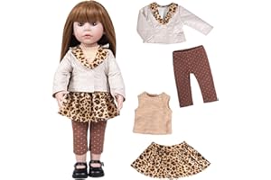 Rakki Dolli Doll Clothes Set Handmade 4-PC Light Brown Leopard Jacket Set, Faux Leather Jacket, Leggings & Brown Leopard Skirt Party Dress Outfit Fits 18 inch American Girls Dolls 002