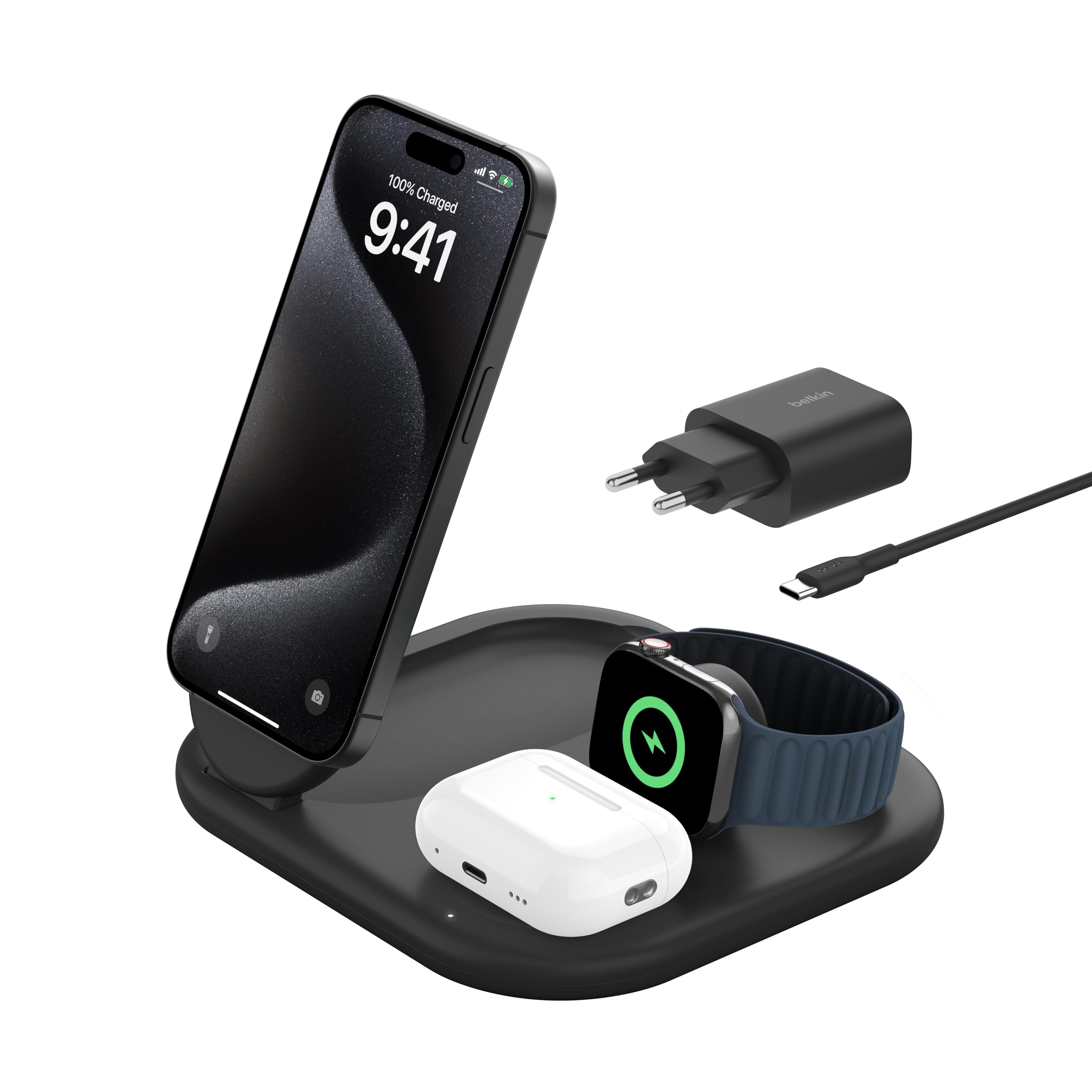 Belkin BoostCharge Ladegerät induktive 3-in-1 Ladestation Qi2, 15 W, klappbar MagSafe-kompatibles Ständer für Apple iPhone 17, Air, Pixelsnap, Apple Watch, AirPods, mit Netzteil – Schwarz 4