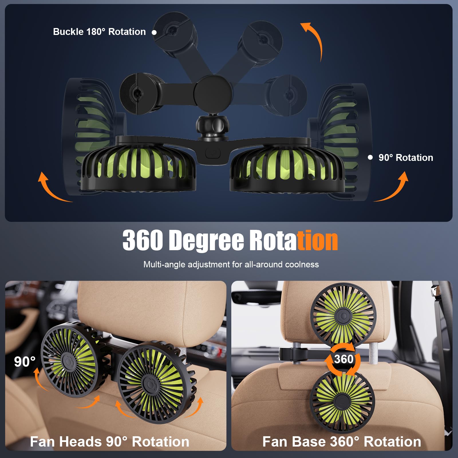 USB Car Cooling Fans for Backseat: Dual Head Car Fan for Kids 3 Speeds 360° Rotatable Vehicle Rear Headrest Fans 5V Powerful Electric Air Circulation Fan for Sedan SUV RV Truck (USB Plug)