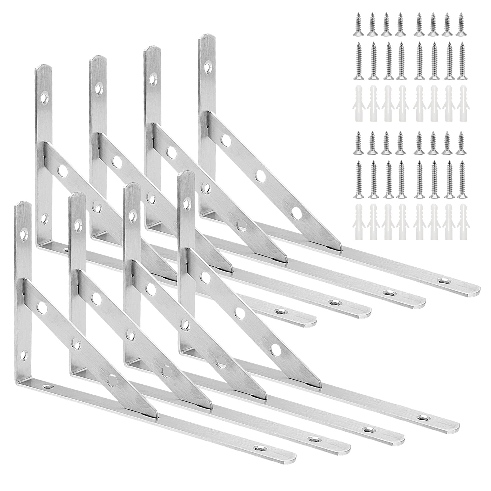 ZEONHEI Pack of 8 15x25 cm Shelf Brackets, 30 kg Load Capacity Metal Shelf Brackets, Stainless Steel Shelf Brackets, Wall Shelf Brackets with Screws, Office, Silver