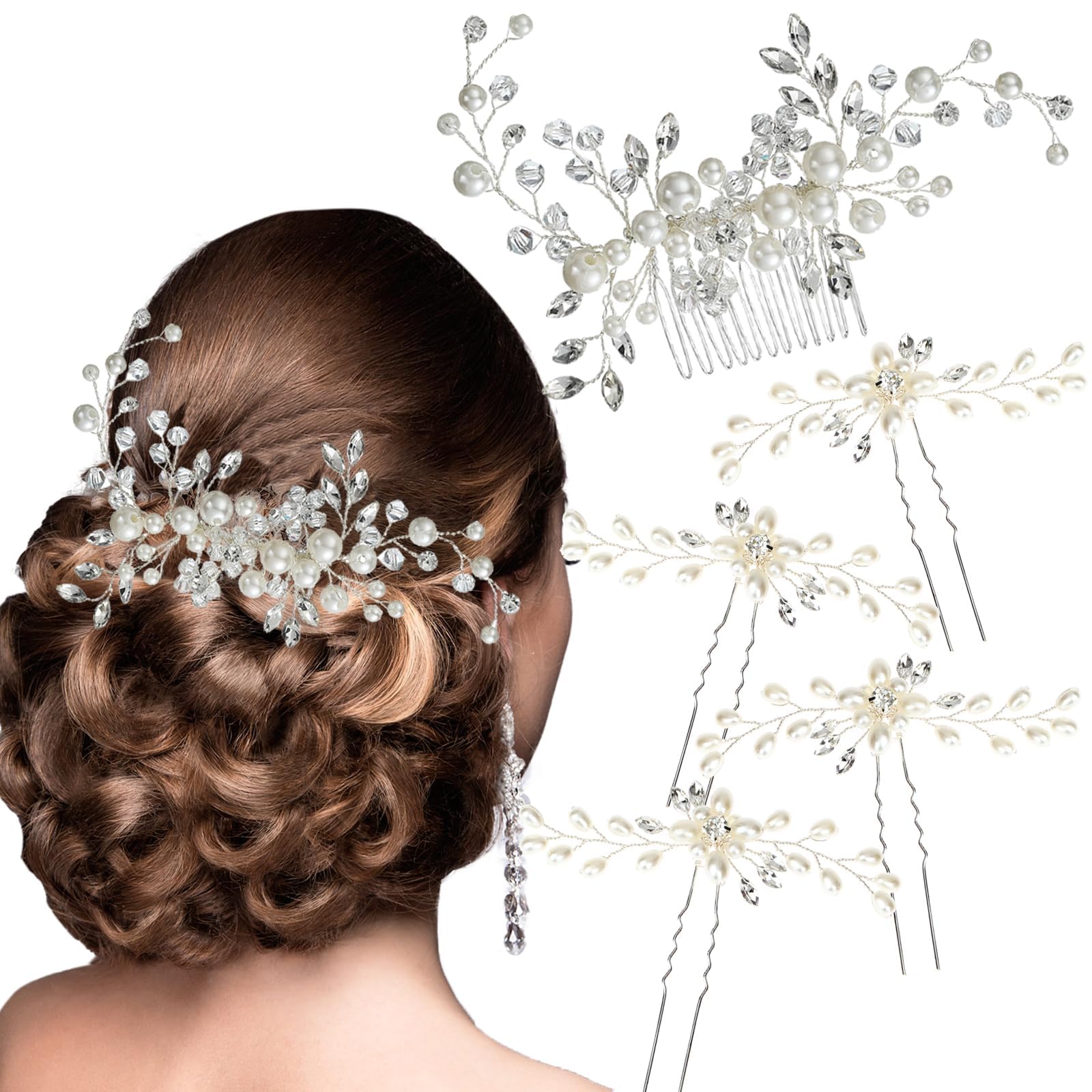 Photo 1 of 5 Pieces Wedding Hair Accessories: Pearl Crystal Rhinestone Hair Comb, Hair Pins for Brides, Bridesmaids, Women, Girls (Silver, Gold)