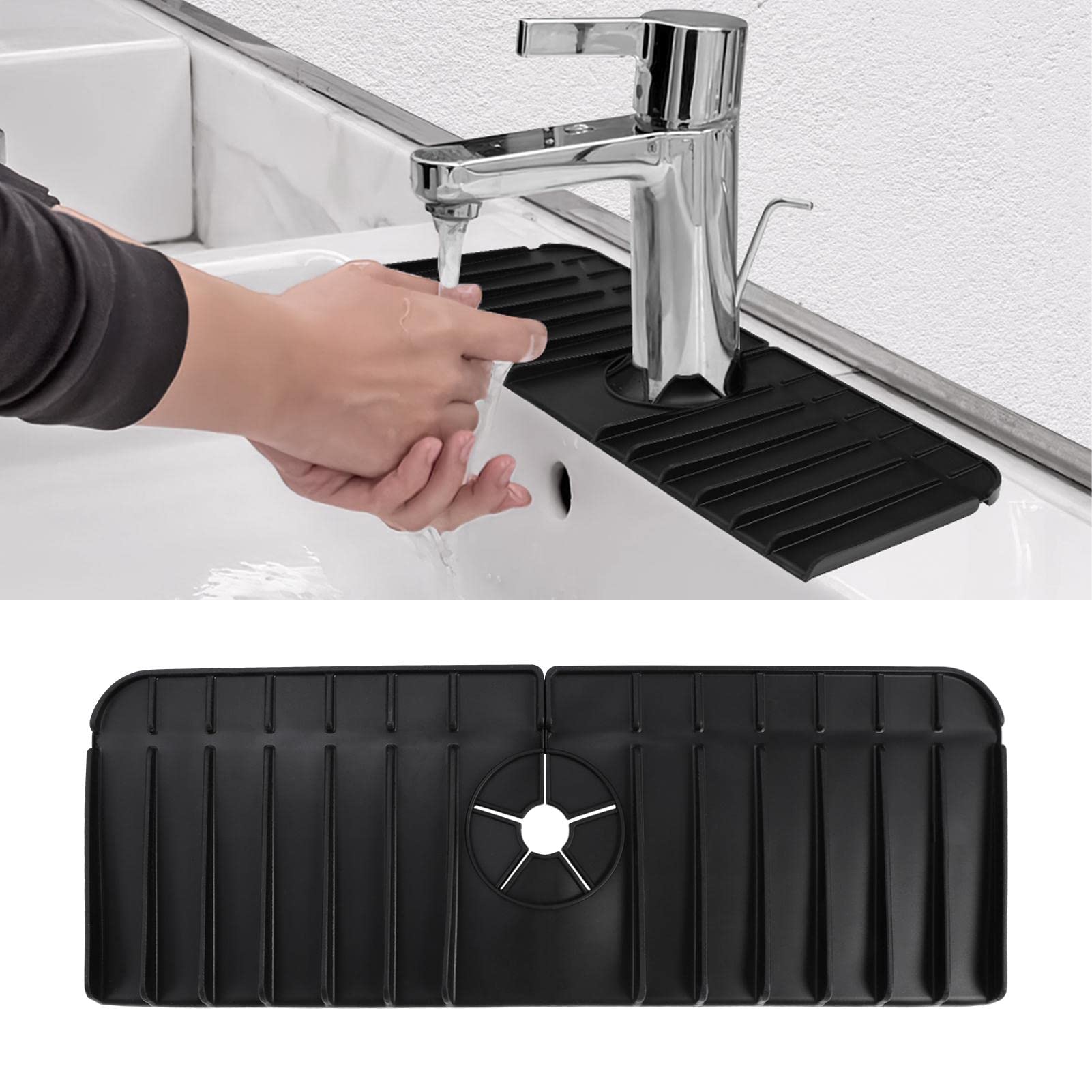 Flexible Silicone Faucet Mat, Foldable Sink Faucet Splash Guard Mat for Kitchen Sink Accessories, Adjustable Faucet Handle Drip Catcher Tray Faucet Mat Drying Pads for Kitchen Bathroom