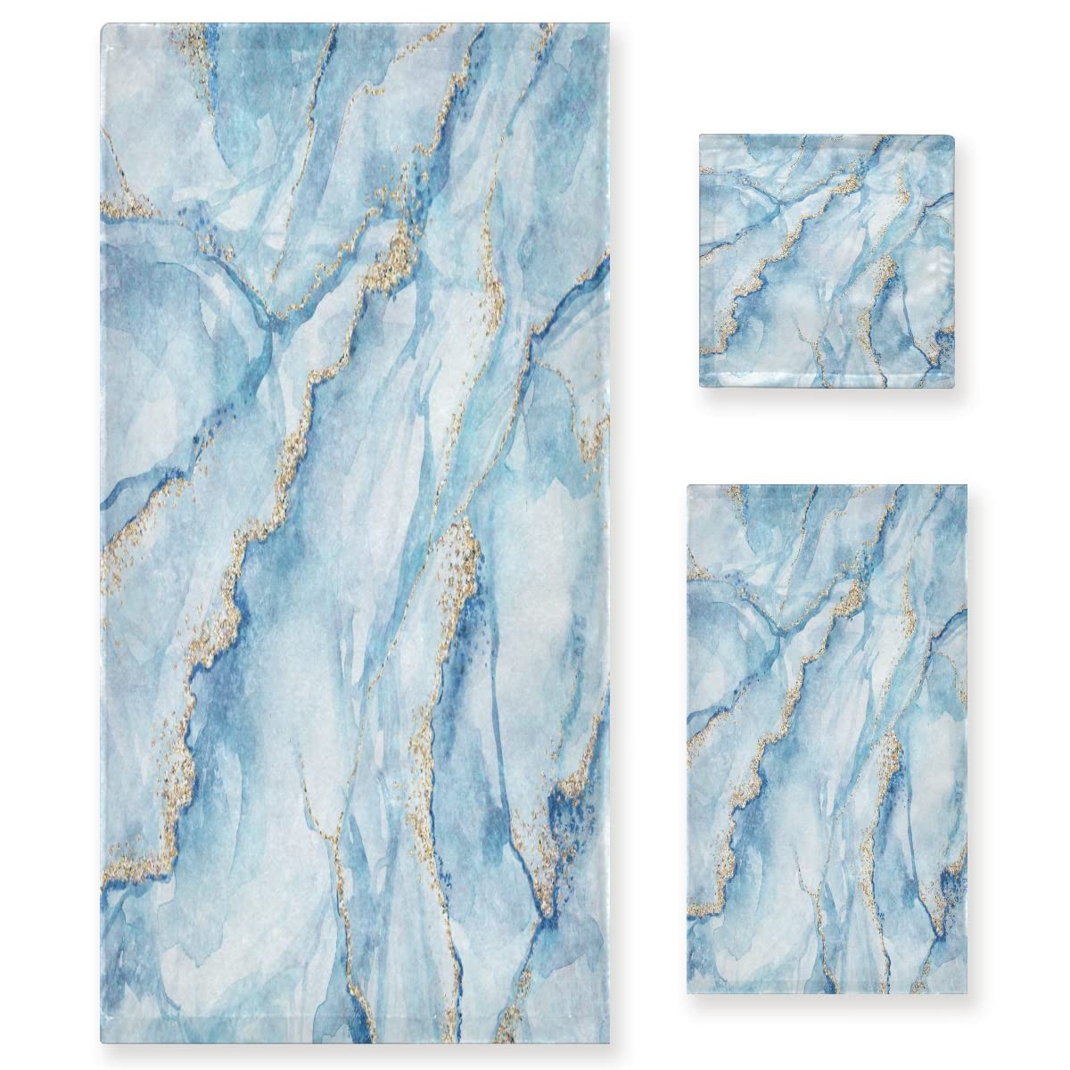 ALAZA Bath Towels Set of 3, Microfibre Towel Bathroom Linen Sky Blue Marble with Gold Towels Set Gift with 1 Face Towel 1 Hand Towel 1 Bath Towel Sheet, Absorbent Bathroom Accessories