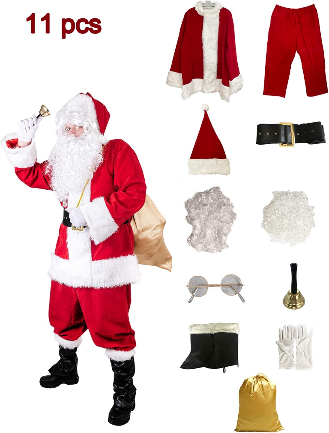Togake Santa Suit Adults Men 11pcs Set Red Deluxe Classic Velvet Santa Claus Costume for Christmas Party Cosplay: Clothing