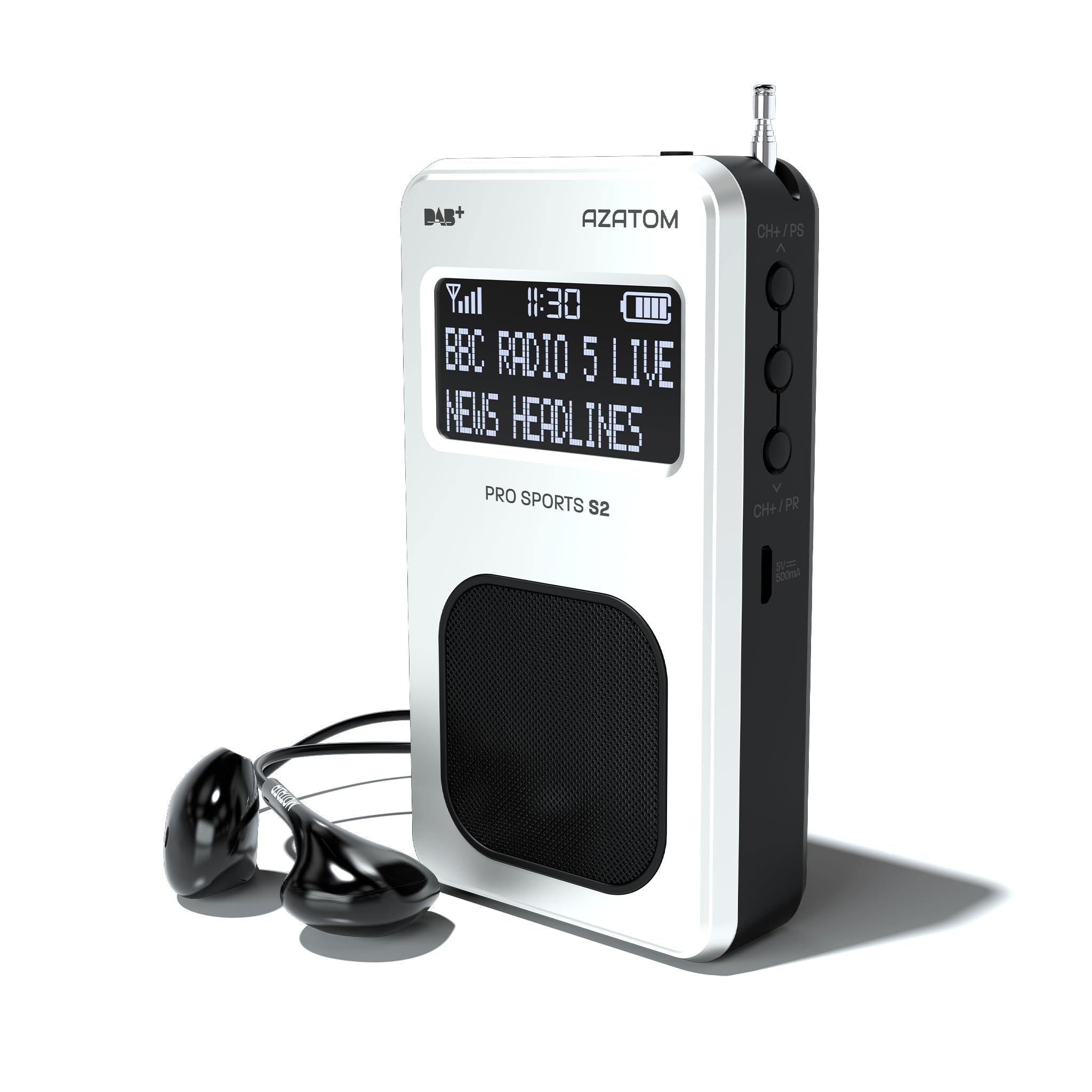 Portable DAB/DAB+ & FM Digital Radio | Sports Earphones Included | Built in Speaker | Rechargeable Battery (10-12 Hours) | Perfect for Sports, Hiking or Working | AZATOM Pro Sports S2 (Silver)