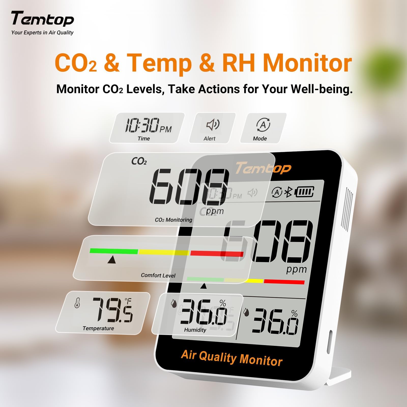 Temtop C1+ CO2 Messgerät Mit APP,Bluetooth Thermometer Hygrometer Mit CO2 Messung,Temperatur- Und Feuchtigkeitssensor Smarte Monitor Für Innenräume Büro Wohnzimmer Schulzimmer 2
