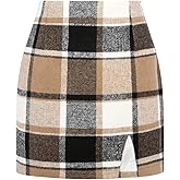 Plaid Mini Skirts for Womens High Waisted Fall Winter Wool Bodycon Pencil Skirts with Slit