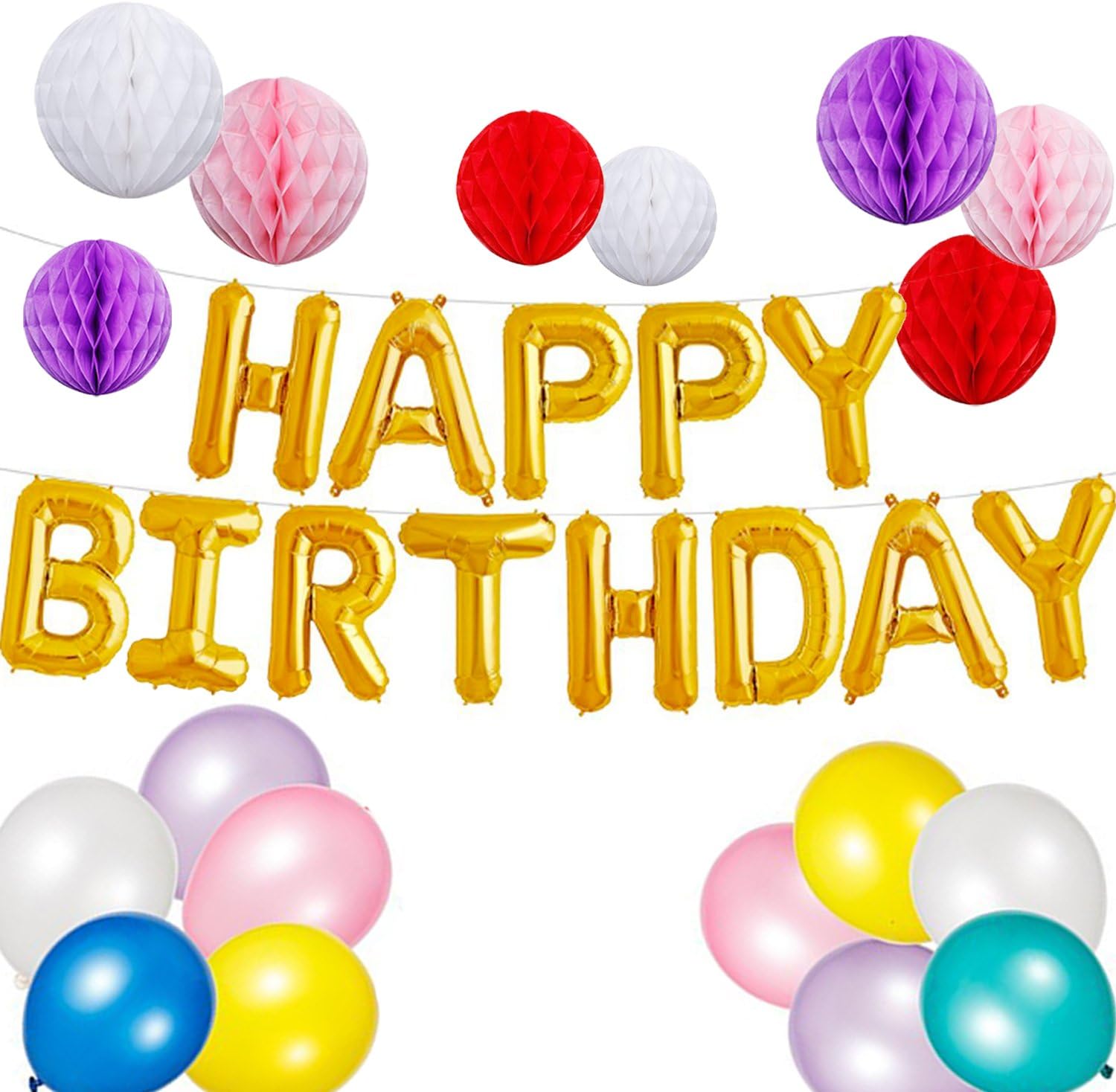 Amaza Birthday Party Decorations, Happy Birthday Balloons Banner with 8pcs Honeycomb Balls and 10pcs Birthday Balloons Party Supplies (Gold)
