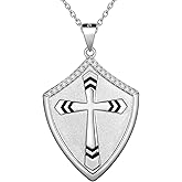 Jewmon Solid 925 Sterling Silver Shield Armor of God Necklace for Men Women Joshua 1:9 Bible Verse Cross Pendant Necklace Christian Protection Jewelry Gifts for Wife Husband