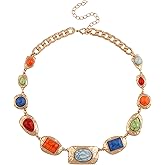 MINACHI Boho Chunky Statement Necklace for Women, Vintage Style with Milky White, Blue and Brown Accents