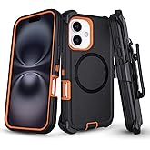 Phone Case for iPhone 16 Case with Belt Clip, Defender for iPhone 16 Case with Stand, [Compatible with MagSafe] 3-Layer Heavy Duty Rugged Military Grade Protection Cover for iPhone16 (Black+Orange)