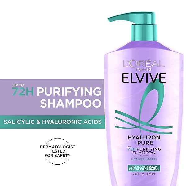L’OREAL PARIS ELVIVE HYALURON + PURE 72H PURIFYING SHAMPOO FOR OILY HAIR, CLARIFYING SHAMPOO WITH SALICYLIC ACID AND HYALURONIC ACID, 28 FL OZ