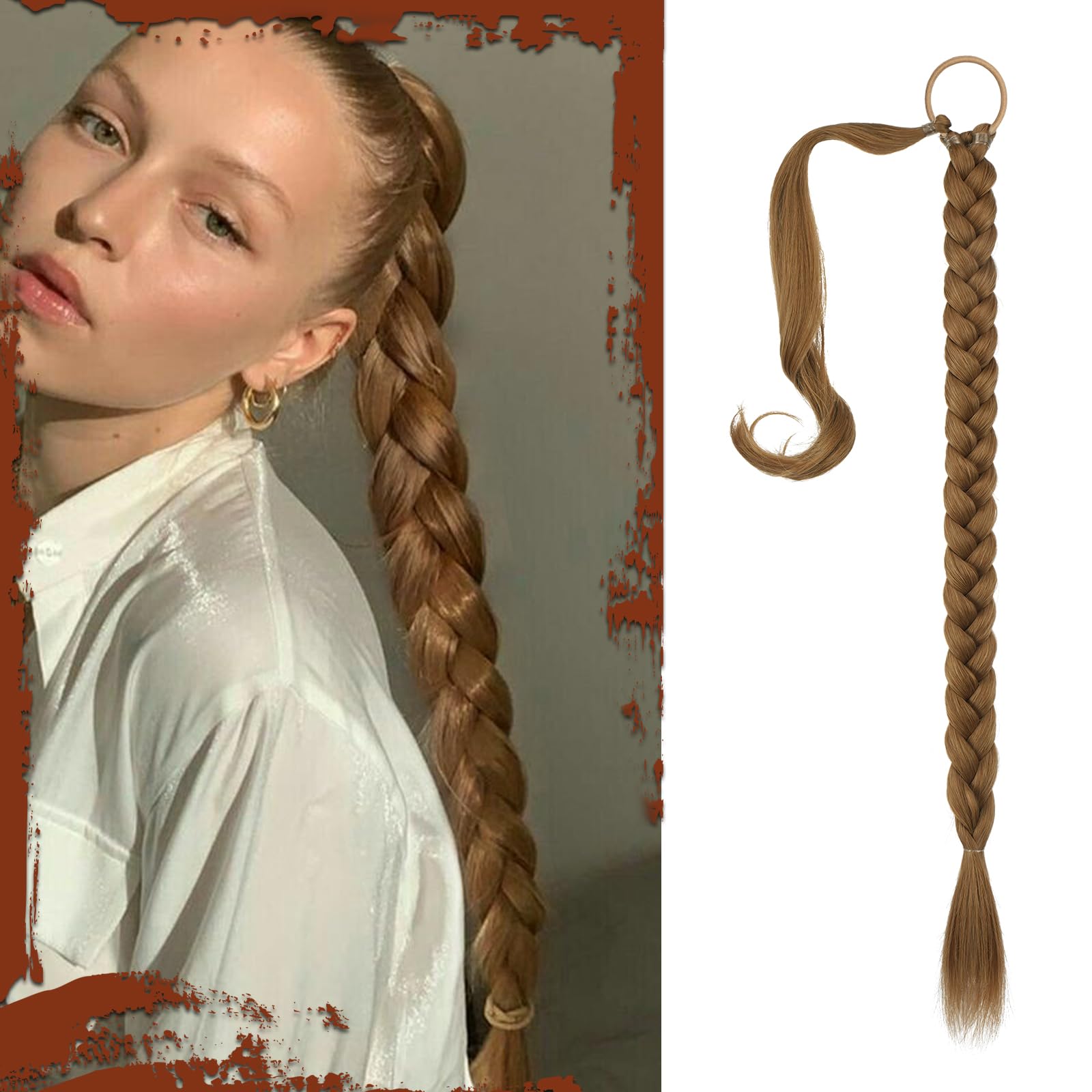 Sofeiyan Long Braid Ponytail Extension with Hair Tie Straight Sleek Wrap Around Hair Extensions Braid Pony Tail Fluffy Natural Soft Synthetic Hairpieces for Women Daily Wear, 26 inch-Dark Blonde
