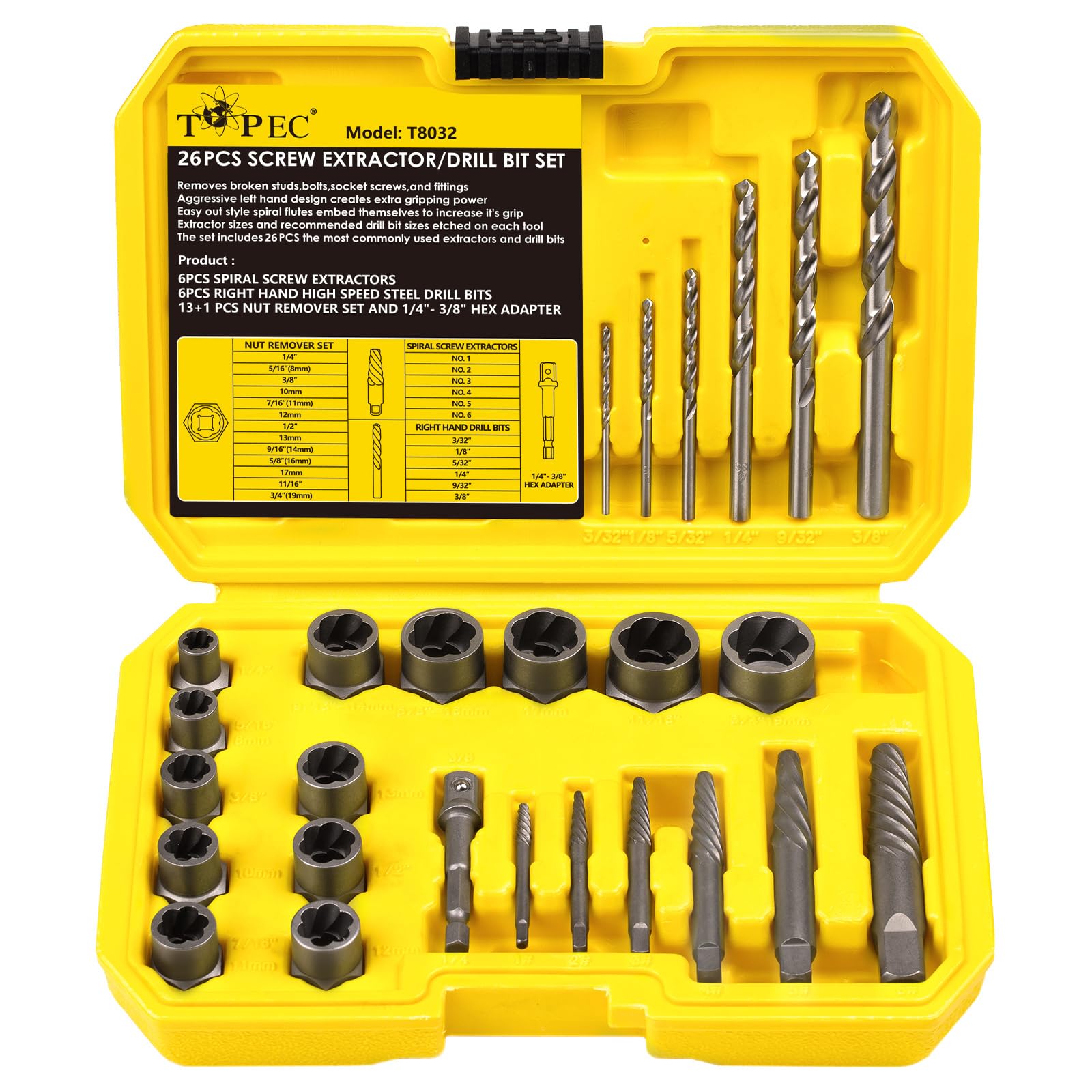 Topec Broken Bolt Extractor Set, 26Pcs Stripped Screw Extractor Kit with Drill Bits, Easy Out Tool Socket Set for Removing Damaged, Rounded, Rusted Nuts & Screws