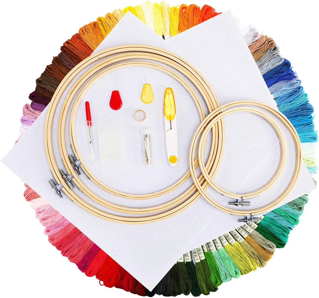 VETUZA Embroidery Kit with 100 Colors Threads, 30 Sewing Pins, 3 Pieces Aida Cloth, Embroidery Hoops and Cross Stitch Tools, DIY Starter kit for Beginner, Cross Stitch Kits